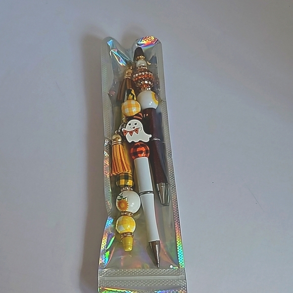 Hand Crafted 3-Set Pens Black Ink Beaded Fall Halloween Sunflower Harvest Design - Picture 15 of 17